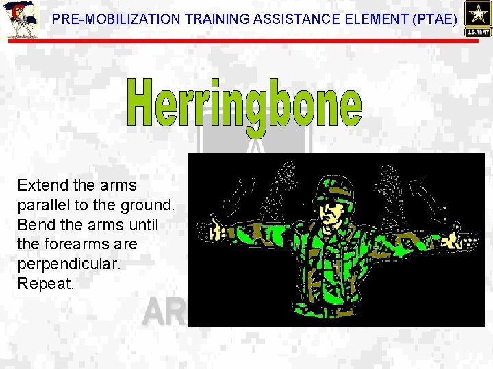 PRE-MOBILIZATION TRAINING ASSISTANCE ELEMENT (PTAE) Extend the arms parallel to the ground. Bend the