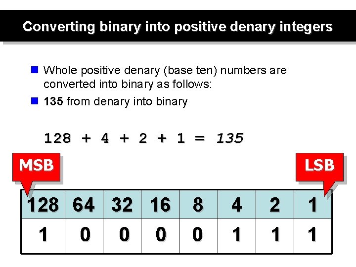 Converting binary into positive denary integers n Whole positive denary (base ten) numbers are