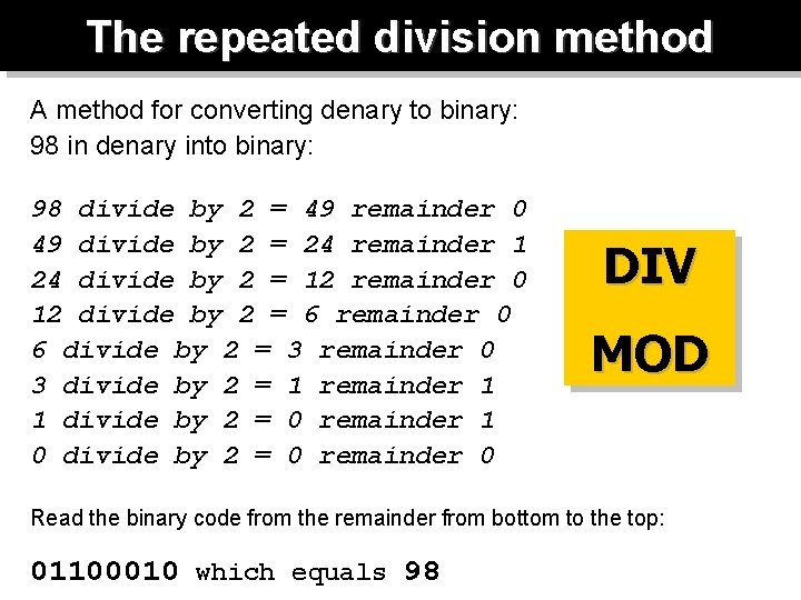 The repeated division method A method for converting denary to binary: 98 in denary