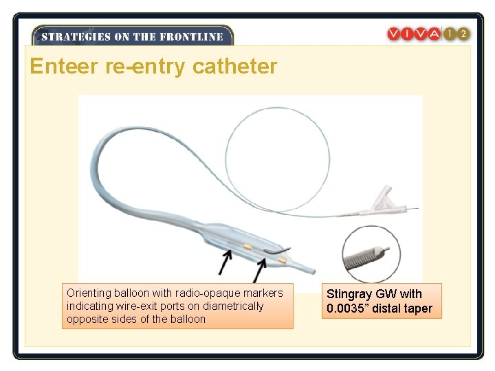 Enteer re-entry catheter Orienting balloon with radio-opaque markers indicating wire-exit ports on diametrically opposite
