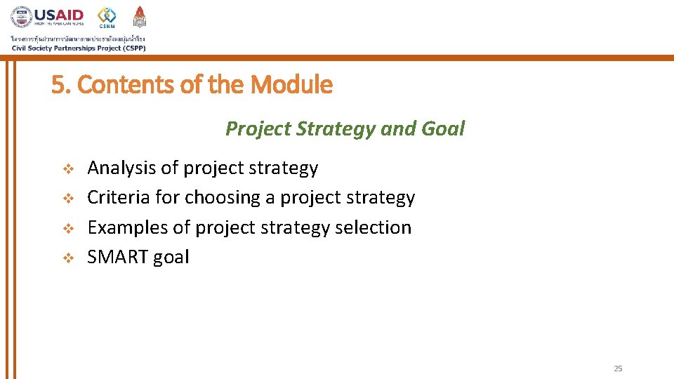 5. Contents of the Module Project Strategy and Goal v v Analysis of project