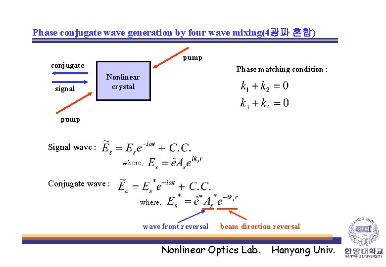Phase conjugate wave generation by four wave mixing(4광파 혼합) pump conjugate signal Phase matching