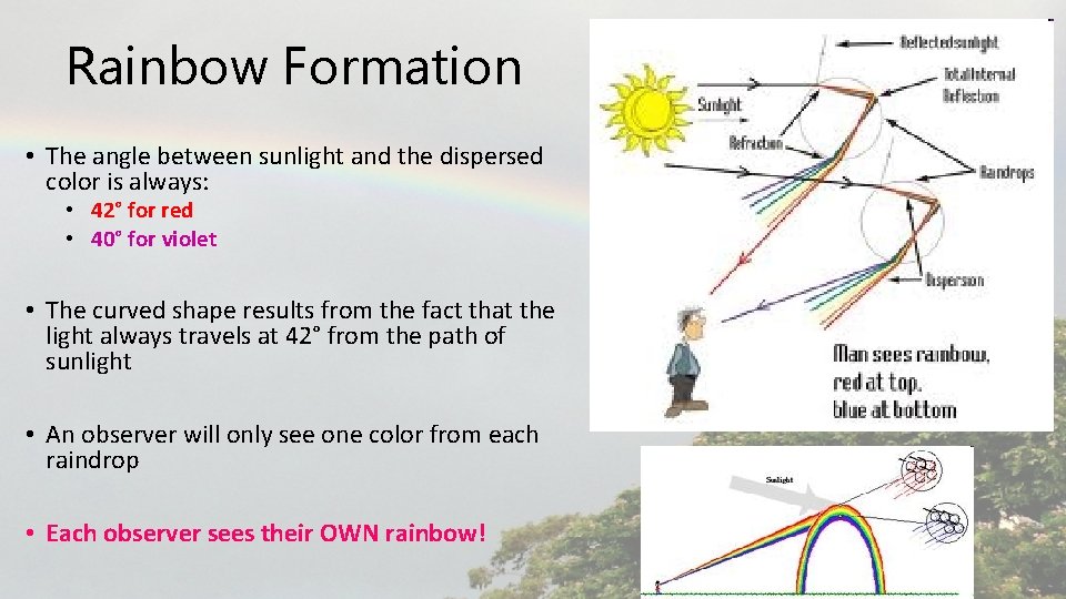 Rainbow Formation • The angle between sunlight and the dispersed color is always: •