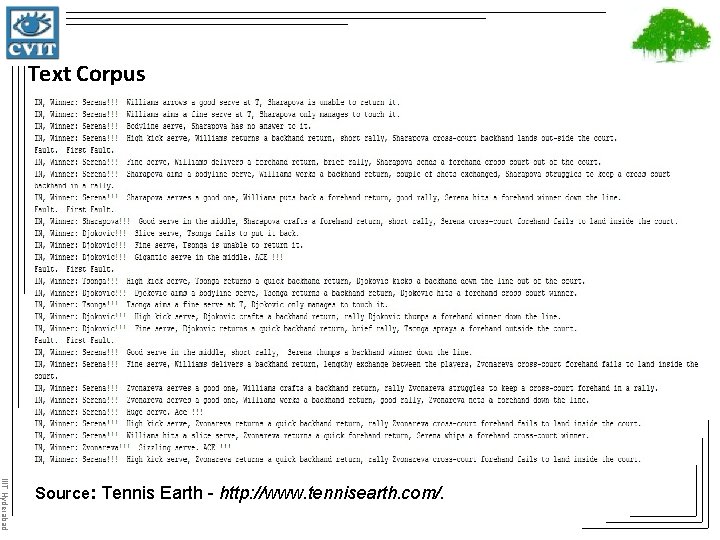 Text Corpus IIIT Hyderabad Source: Tennis Earth - http: //www. tennisearth. com/. 