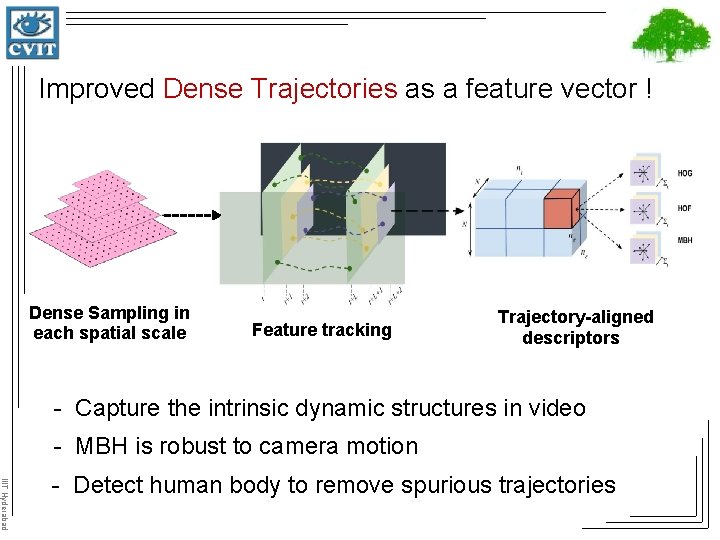  Improved Dense Trajectories as a feature vector ! Dense Sampling in each spatial