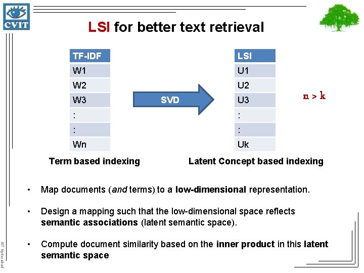 LSI for better text retrieval TF-IDF LSI W 1 U 1 W 2 U