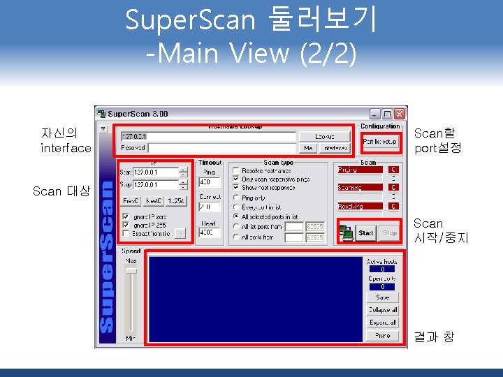 Super. Scan 둘러보기 -Main View (2/2) 자신의 interface Scan할 port설정 Scan 대상 Scan 시작/중지