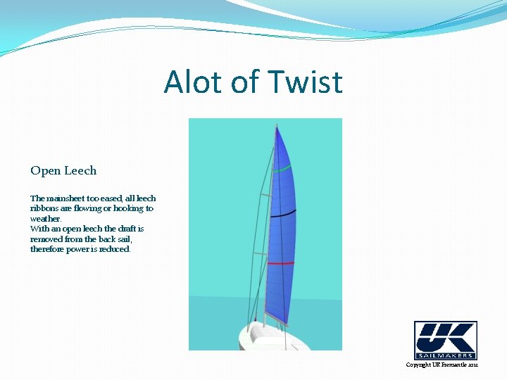 Alot of Twist Open Leech The mainsheet too eased, all leech ribbons are flowing