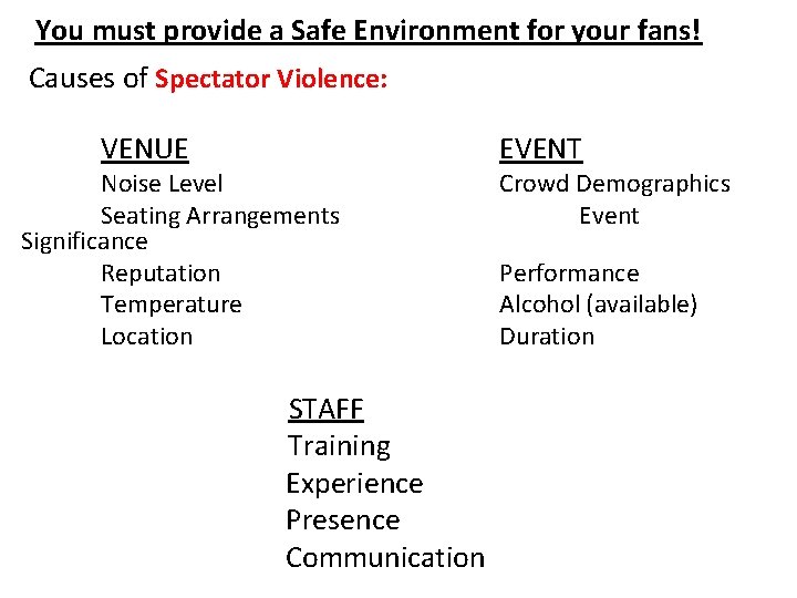 You must provide a Safe Environment for your fans! Causes of Spectator Violence: VENUE