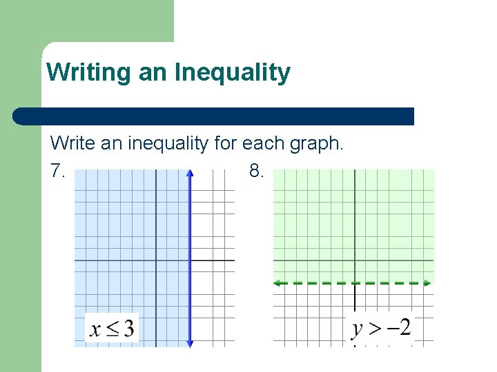 Writing an Inequality Write an inequality for each graph. 7. 8. 