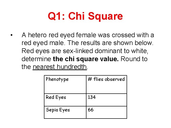 Q 1: Chi Square • A hetero red eyed female was crossed with a