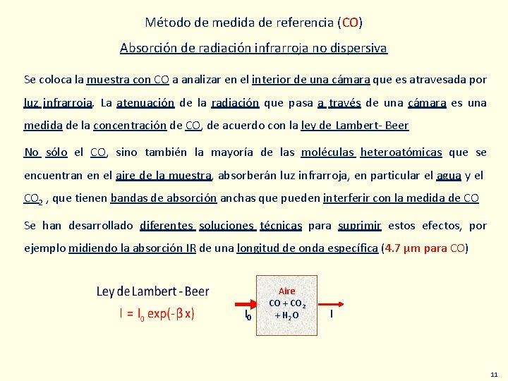 Método de medida de referencia (CO) Absorción de radiación infrarroja no dispersiva Se coloca