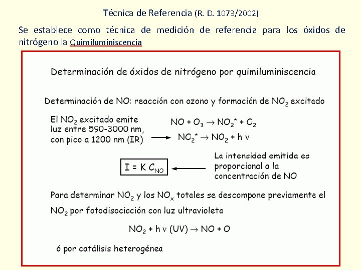 Técnica de Referencia (R. D. 1073/2002) Se establece como técnica de medición de referencia