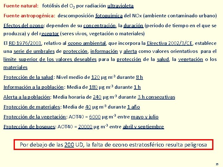 Fuente natural: fotólisis del O 2 por radiación ultravioleta Fuente antropogénica: descomposición fotoquímica del