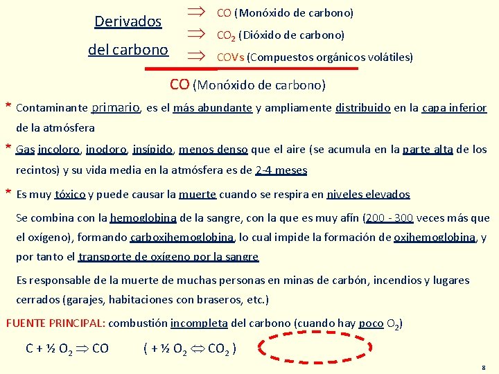  Derivados del carbono CO (Monóxido de carbono) CO 2 (Dióxido de carbono) COVs