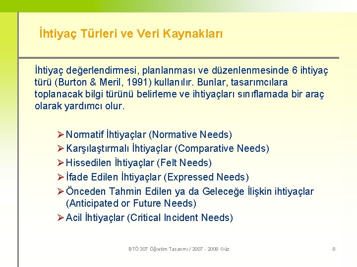 İhtiyaç Türleri ve Veri Kaynakları İhtiyaç değerlendirmesi, planlanması ve düzenlenmesinde 6 ihtiyaç türü (Burton