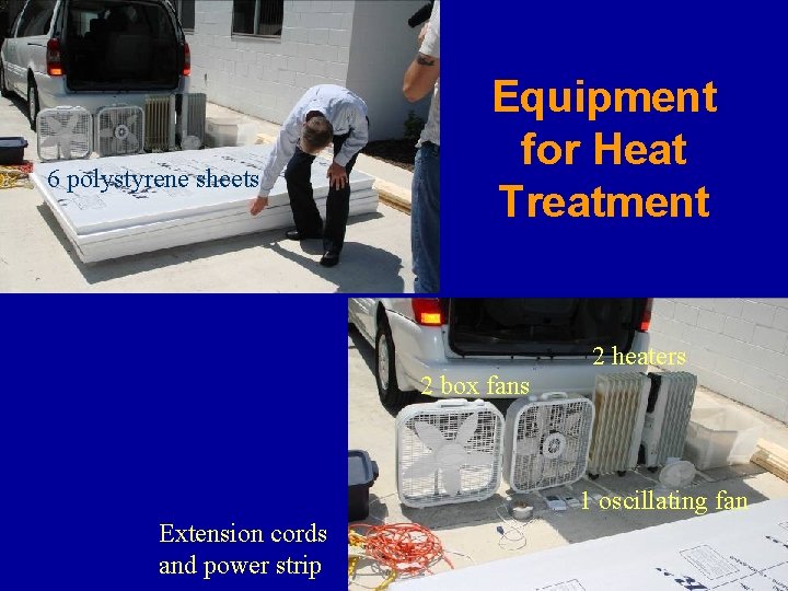 6 polystyrene sheets Equipment for Heat Treatment 2 heaters 2 box fans 1 oscillating