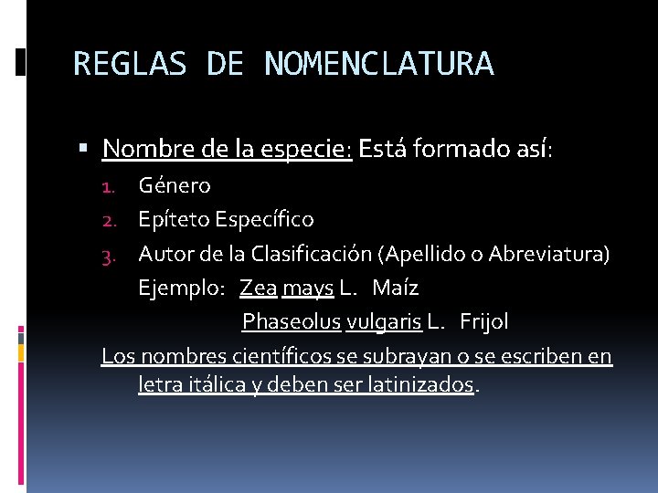 REGLAS DE NOMENCLATURA Nombre de la especie: Está formado así: 1. Género 2. Epíteto