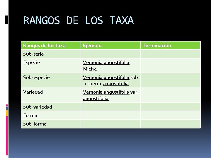 RANGOS DE LOS TAXA Rangos de los taxa Ejemplo Sub-serie Especie Vernonia angustifolia Michx.