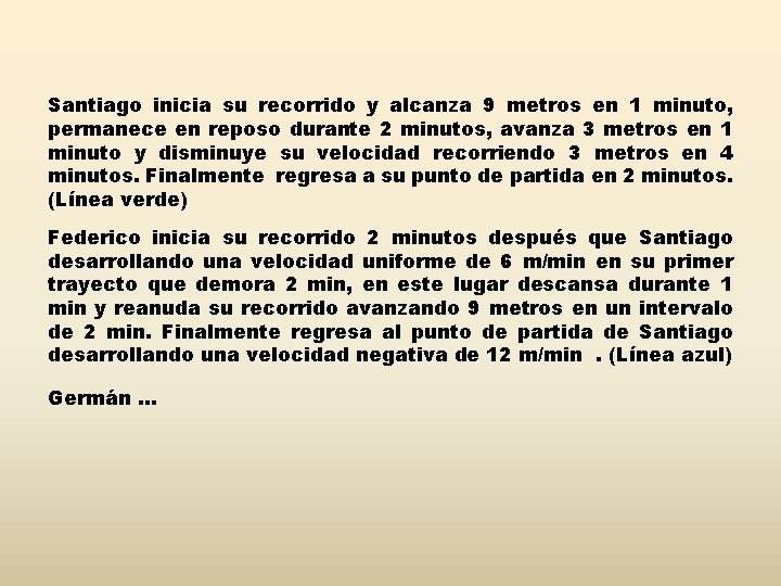 Santiago inicia su recorrido y alcanza 9 metros en 1 minuto, permanece en reposo