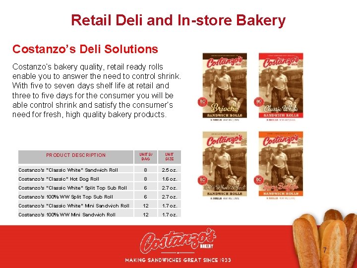 * Retail Deli and In-store Bakery Costanzo’s Deli Solutions Costanzo’s bakery quality, retail ready