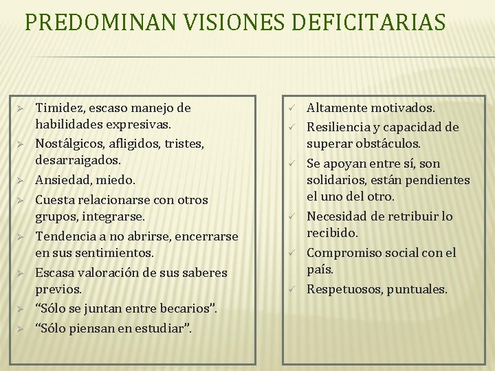 PREDOMINAN VISIONES DEFICITARIAS Ø Ø Ø Ø Timidez, escaso manejo de habilidades expresivas. Nostálgicos,