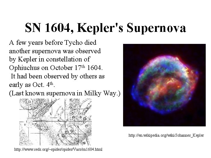 SN 1604, Kepler's Supernova A few years before Tycho died another supernova was observed