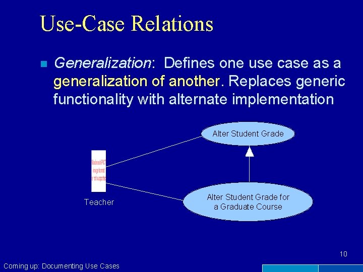 Use-Case Relations n Generalization: Defines one use case as a generalization of another. Replaces