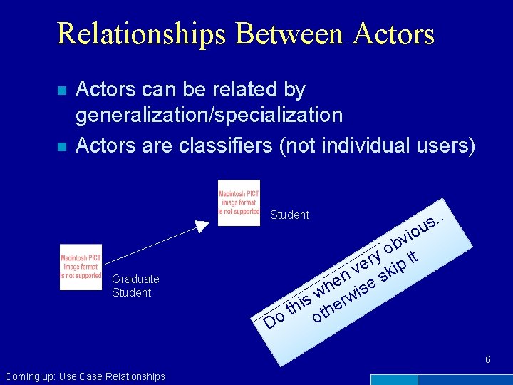 Relationships Between Actors n n Actors can be related by generalization/specialization Actors are classifiers