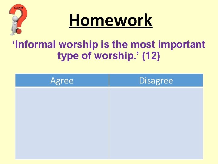 Homework ‘Informal worship is the most important type of worship. ’ (12) Agree Disagree