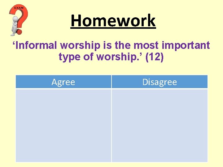 Homework ‘Informal worship is the most important type of worship. ’ (12) Agree Disagree Homework ‘Informal worship is the most important type of worship. ’ (12) Agree Disagree