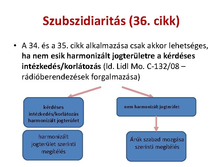 Szubszidiaritás (36. cikk) • A 34. és a 35. cikk alkalmazása csak akkor lehetséges,