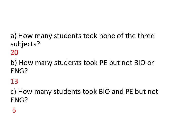 a) How many students took none of the three subjects? 20 b) How many