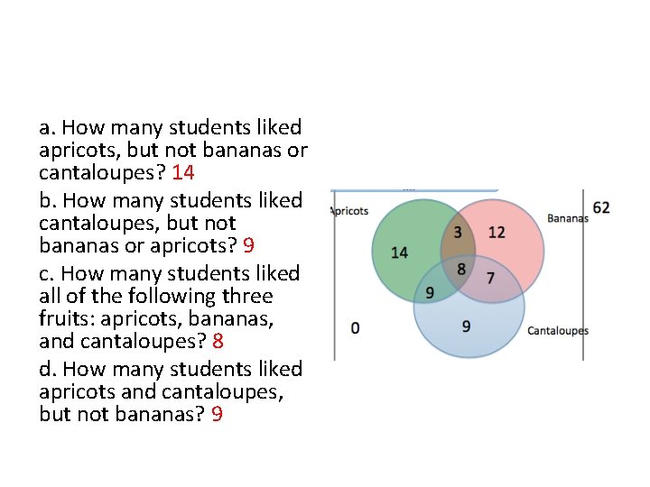 a. How many students liked apricots, but not bananas or cantaloupes? 14 b. How