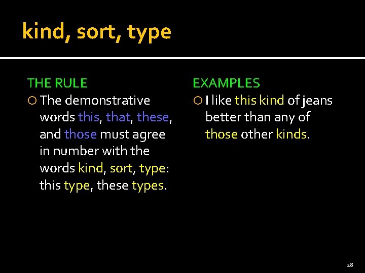 kind, sort, type THE RULE The demonstrative words this, that, these, and those must