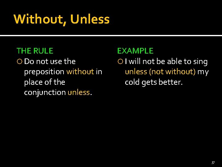 Without, Unless THE RULE Do not use the preposition without in place of the