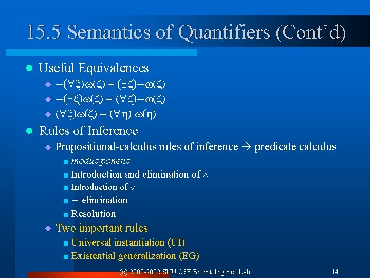 15. 5 Semantics of Quantifiers (Cont’d) l Useful Equivalences ¨ ( ) ( )