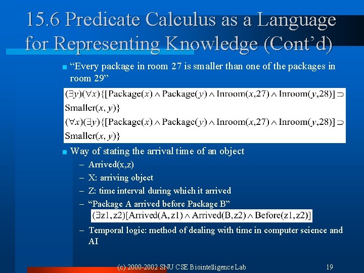 15. 6 Predicate Calculus as a Language for Representing Knowledge (Cont’d) < “Every package