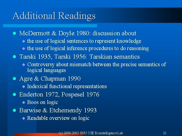 Additional Readings l Mc. Dermott & Doyle 1980: discussion about ¨ the use of
