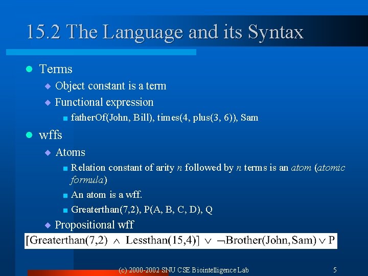 15. 2 The Language and its Syntax l Terms ¨ Object constant is a