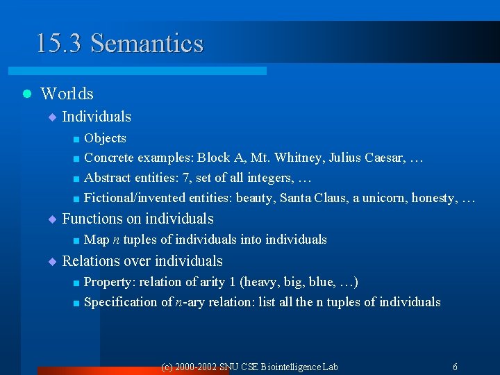 15. 3 Semantics l Worlds ¨ Individuals < Objects < Concrete examples: Block A,