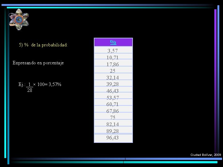 5) % de la probabilidad: Expresando en porcentaje Ej. : 1 × 100= 3,