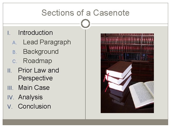 Sections of a Casenote Introduction A. Lead Paragraph B. Background C. Roadmap II. Prior