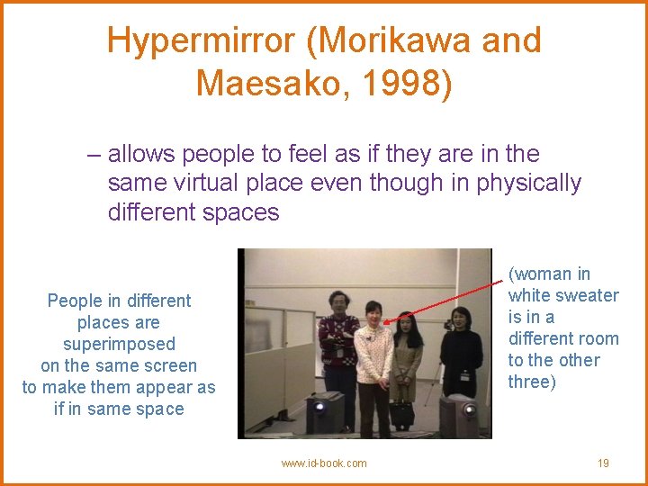 Hypermirror (Morikawa and Maesako, 1998) – allows people to feel as if they are