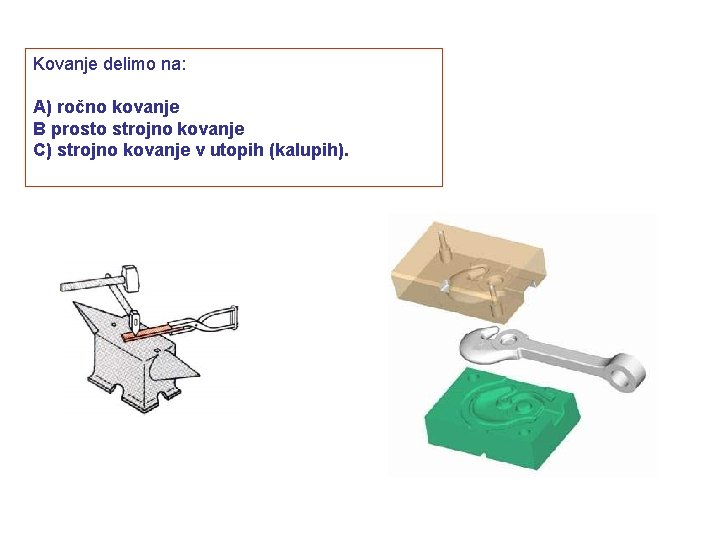 Kovanje delimo na: A) ročno kovanje B prosto strojno kovanje C) strojno kovanje v