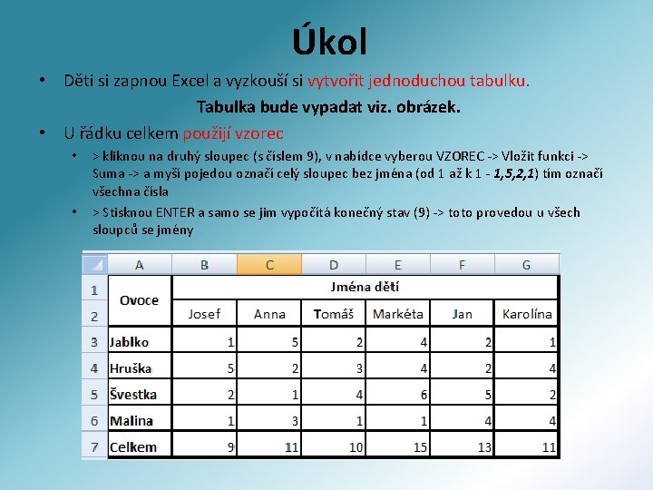 Úkol • Děti si zapnou Excel a vyzkouší si vytvořit jednoduchou tabulku. Tabulka bude