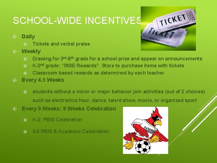 SCHOOL-WIDE INCENTIVES Daily Weekly Tickets and verbal praise Drawing for 3 rd-5 th grade SCHOOL-WIDE INCENTIVES Daily Weekly Tickets and verbal praise Drawing for 3 rd-5 th grade