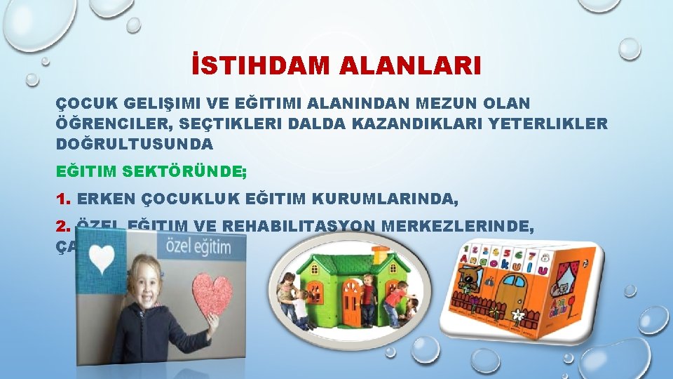 İSTIHDAM ALANLARI ÇOCUK GELIŞIMI VE EĞITIMI ALANINDAN MEZUN OLAN ÖĞRENCILER, SEÇTIKLERI DALDA KAZANDIKLARI YETERLIKLER