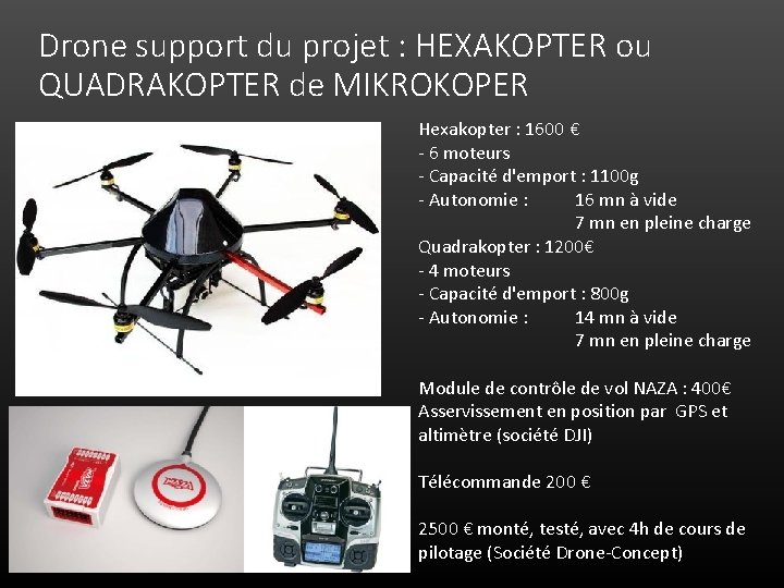 Drone support du projet : HEXAKOPTER ou QUADRAKOPTER de MIKROKOPER Hexakopter : 1600 €