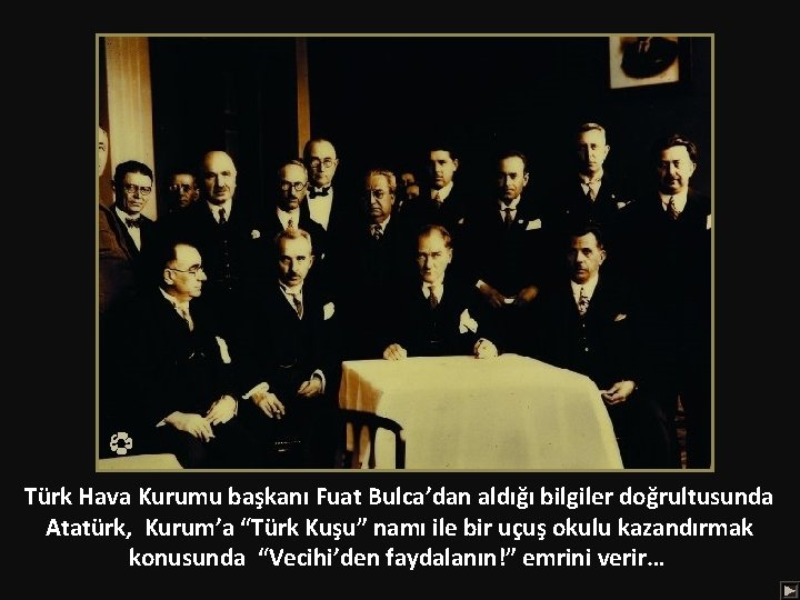 Türk Hava Kurumu başkanı Fuat Bulca’dan aldığı bilgiler doğrultusunda Atatürk, Kurum’a “Türk Kuşu” namı